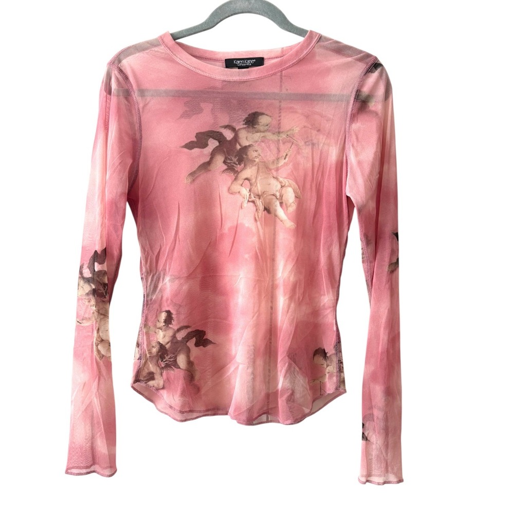 Vintage Y2K Lifestyle Pink Mesh Cherub Angel Print Long Sleeve Top Sheer Medium